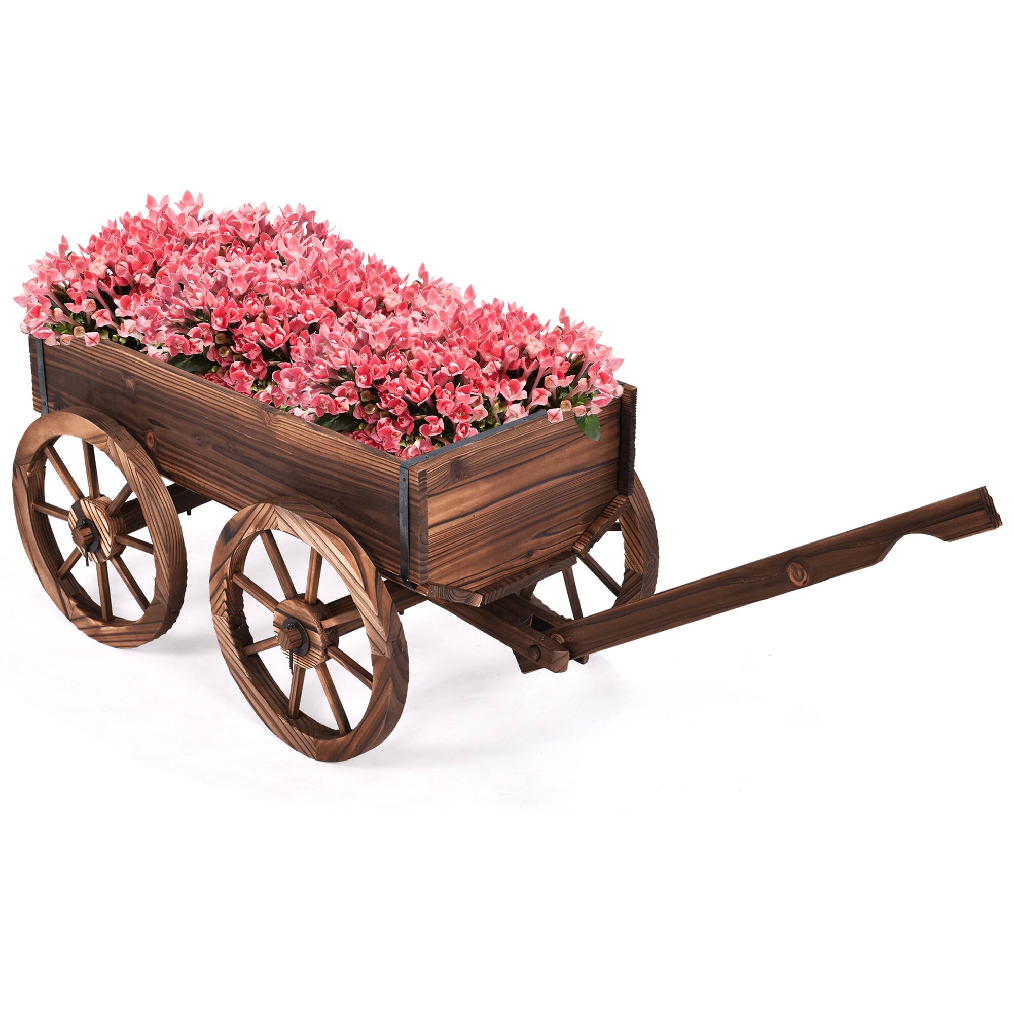 Alt View 2. Costway - Wood Wagon Flower Planter Pot Stand W/Wheels Home Garden Outdoor Decor - Brown.