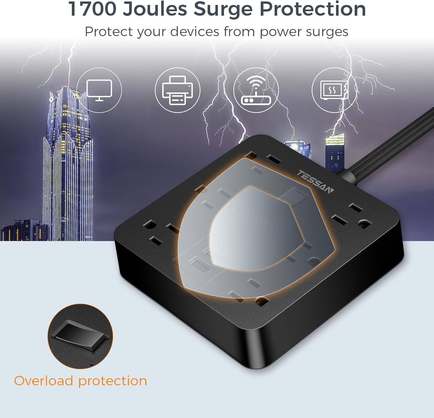 1700 Joules Surge Protection  
Protect your devices from power surges  

Overload protection