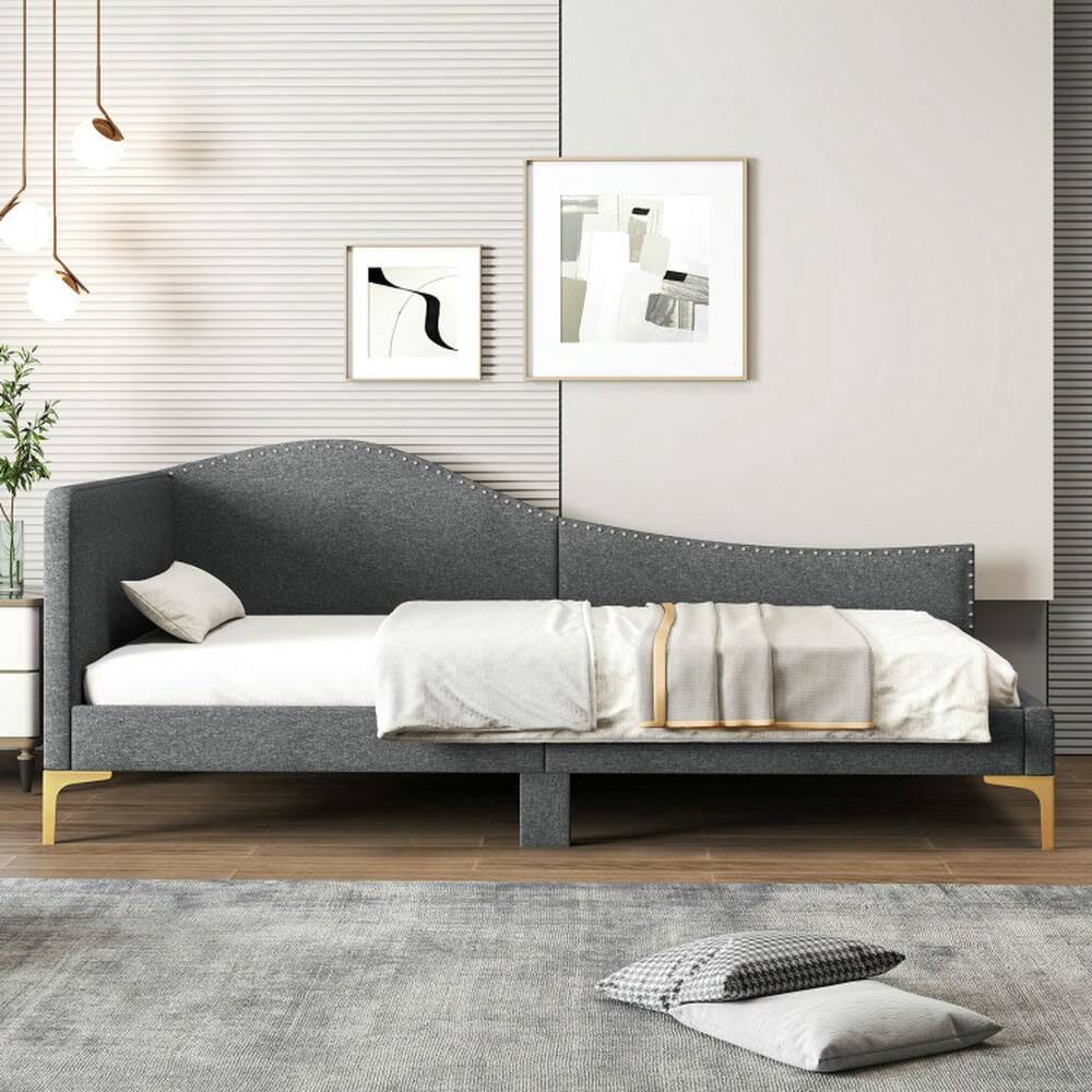Alt View 6. Kadyn - Platform Bed Frame, Bedroom Bed Frame,Full/Twin Size Rivet-Tufted Platform Bed with Metal Legs and Wood Slats-Twin Size - Gray.