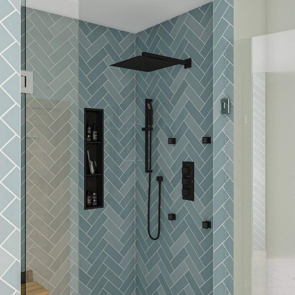 Left. Alfi - Black Matte 3-Way Thermostatic Valve Shower Mixer Square Knobs - Black.