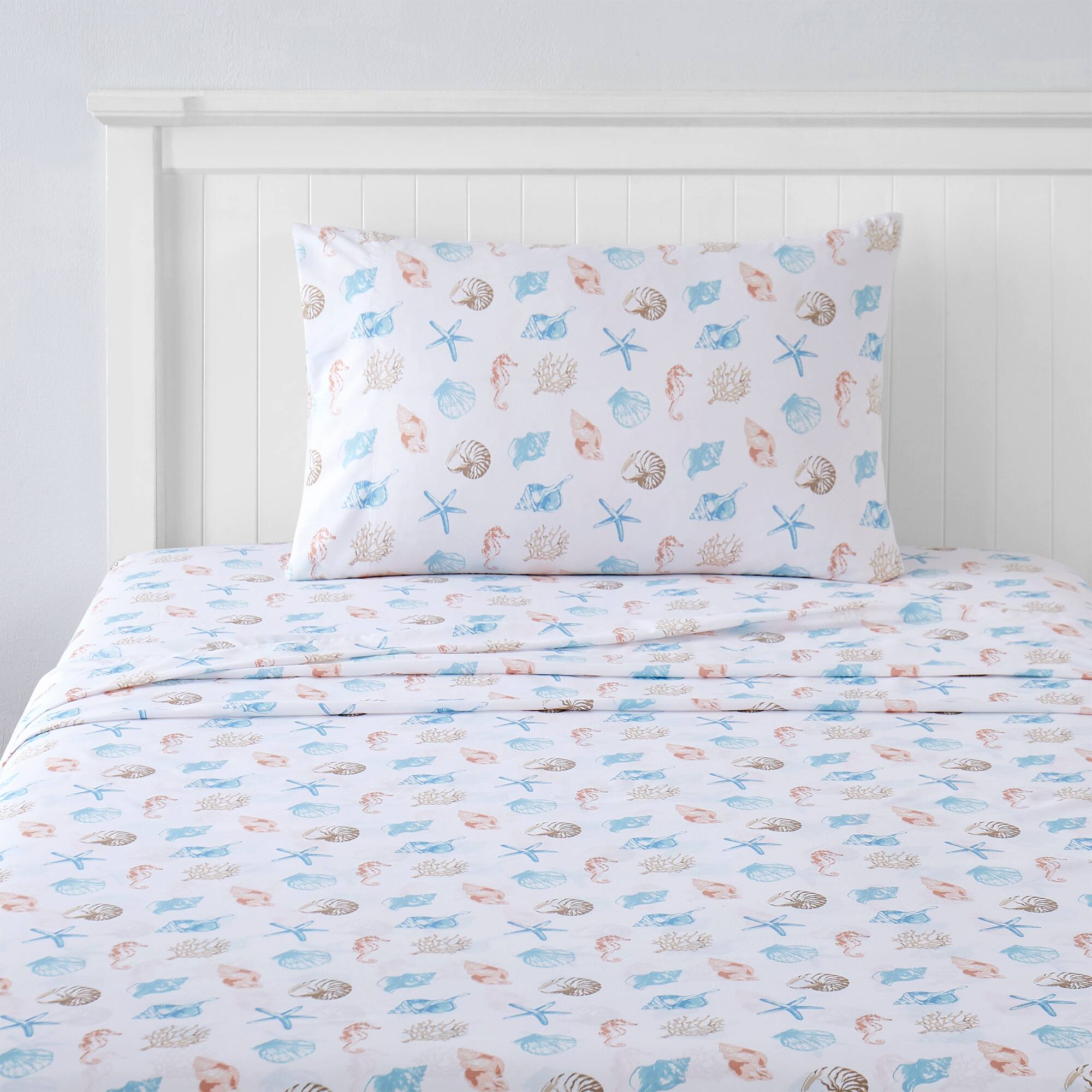 Angle. Sweet Home Collection - Kids' Printed Classic & Bright Ultra Soft Microfiber Sheet Sets - Twin XL - Seashells.
