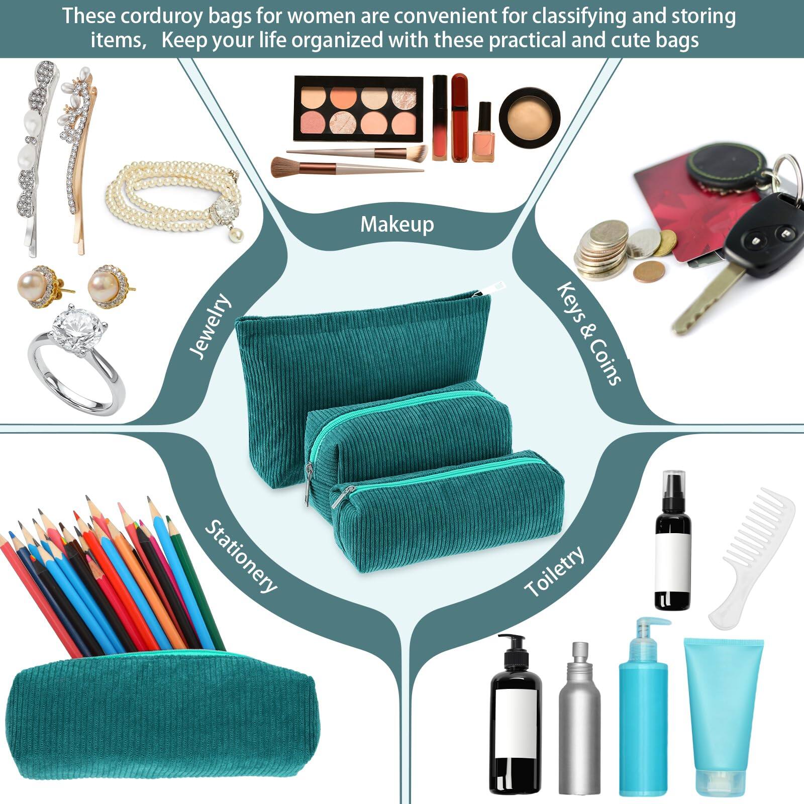 These corduroy bags for women are convenient for classifying and storing items. Keep your life organized with these practical and cute bags.

- Makeup
- Jewelry
- Keys & Coins
- Stationery
- Toiletry