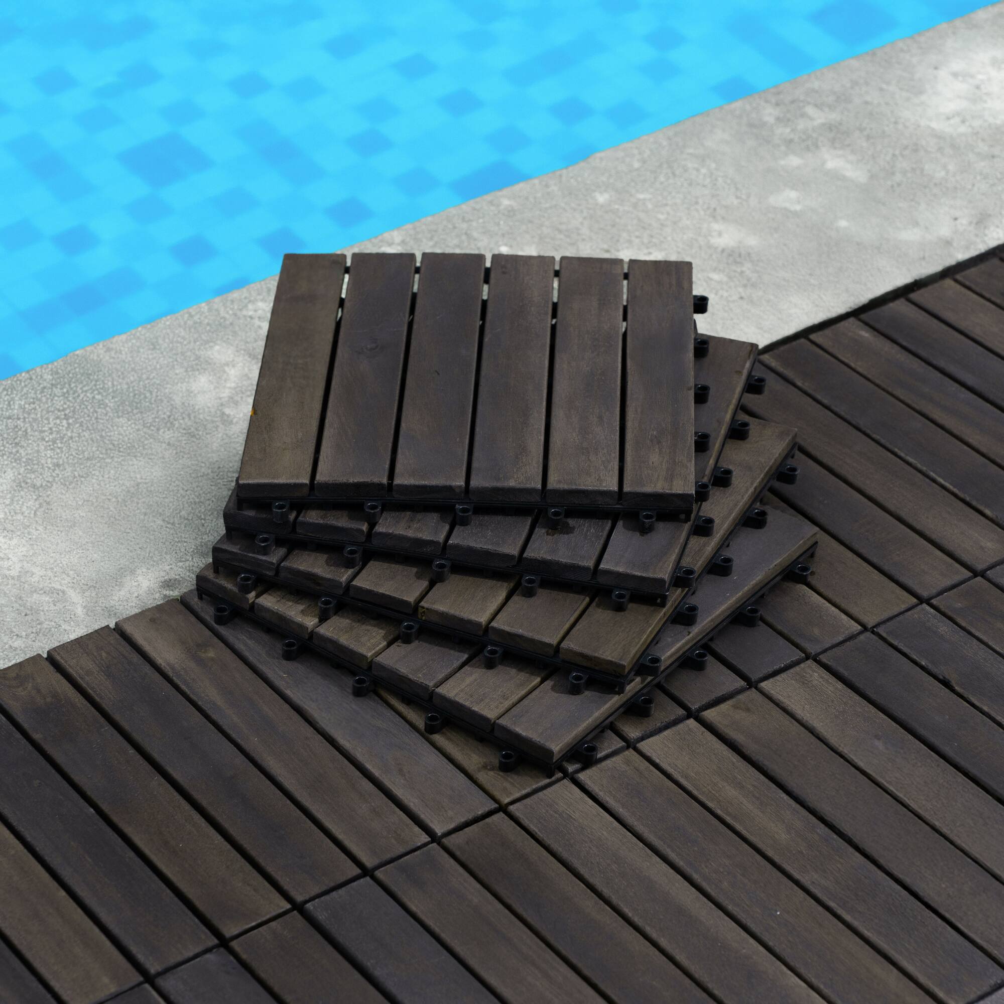 Alt View 7. GOODSILO - Interlocking Deck Tiles Striped Pattern, 30 PCS 12"x12" Square Acacia Hardwood Outdoor Flooring - Dark Brown.