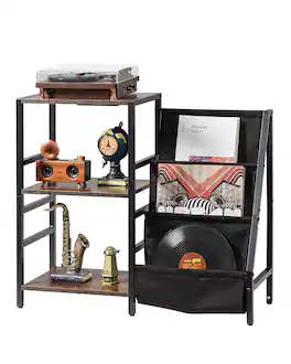 VEVOR - Record Player Stand with Charging Station & USB Ports, Holds up to 200 Albums, 3-Tier Turntable Stand - Brown