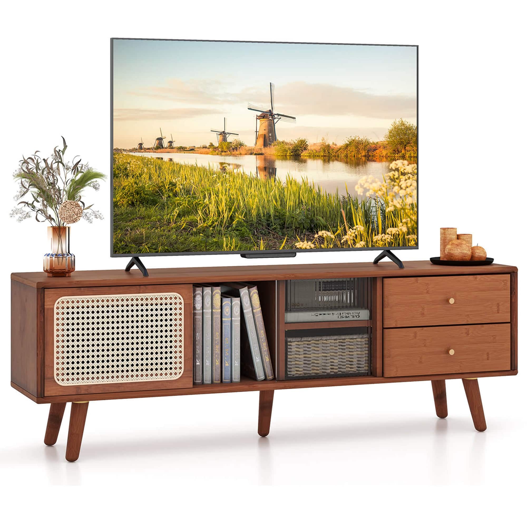 Front. Costway - Bamboo TV Stand Console Table with PE Rattan Door & 2 Drawers for TV up to 65" - Brown.
