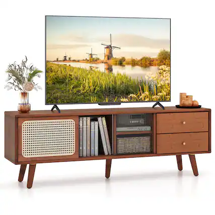 Front. Costway - Bamboo TV Stand Console Table with PE Rattan Door & 2 Drawers for TV up to 65" - Brown.