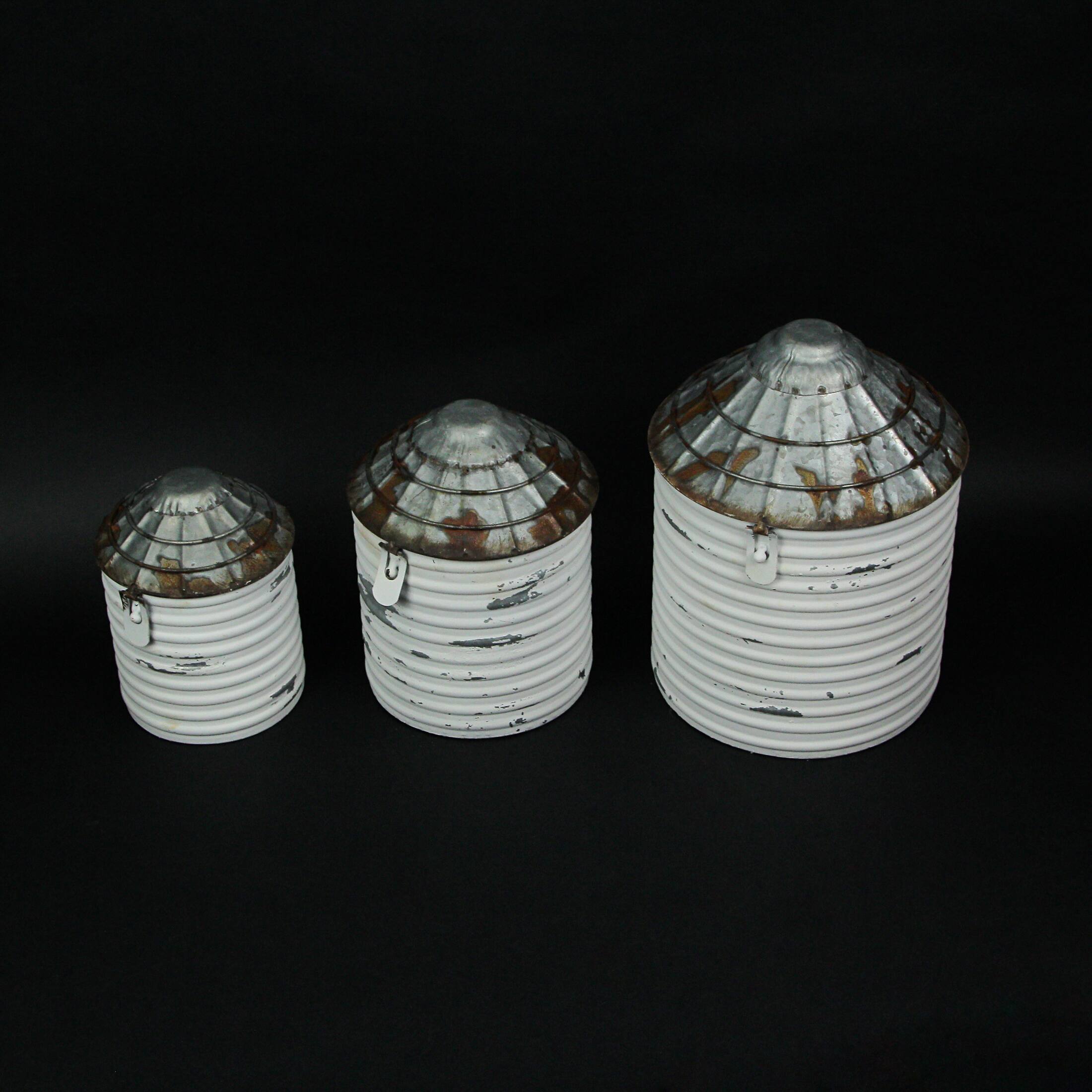 Alt View 4. Zeckos - Vintage White Farmhouse Style Galvanized Decorative Tin Silo Canister Set of 3 - White.