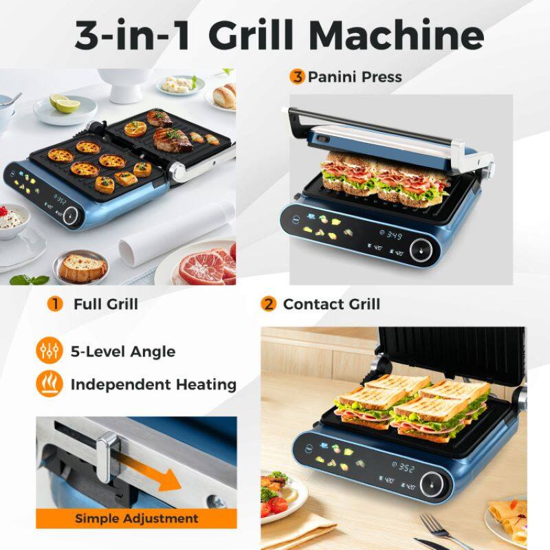 3-in-1 Grill Machine

1. Full Grill
2. Contact Grill
3. Panini Press

- 5-Level Angle
- Independent Heating
- Simple Adjustment