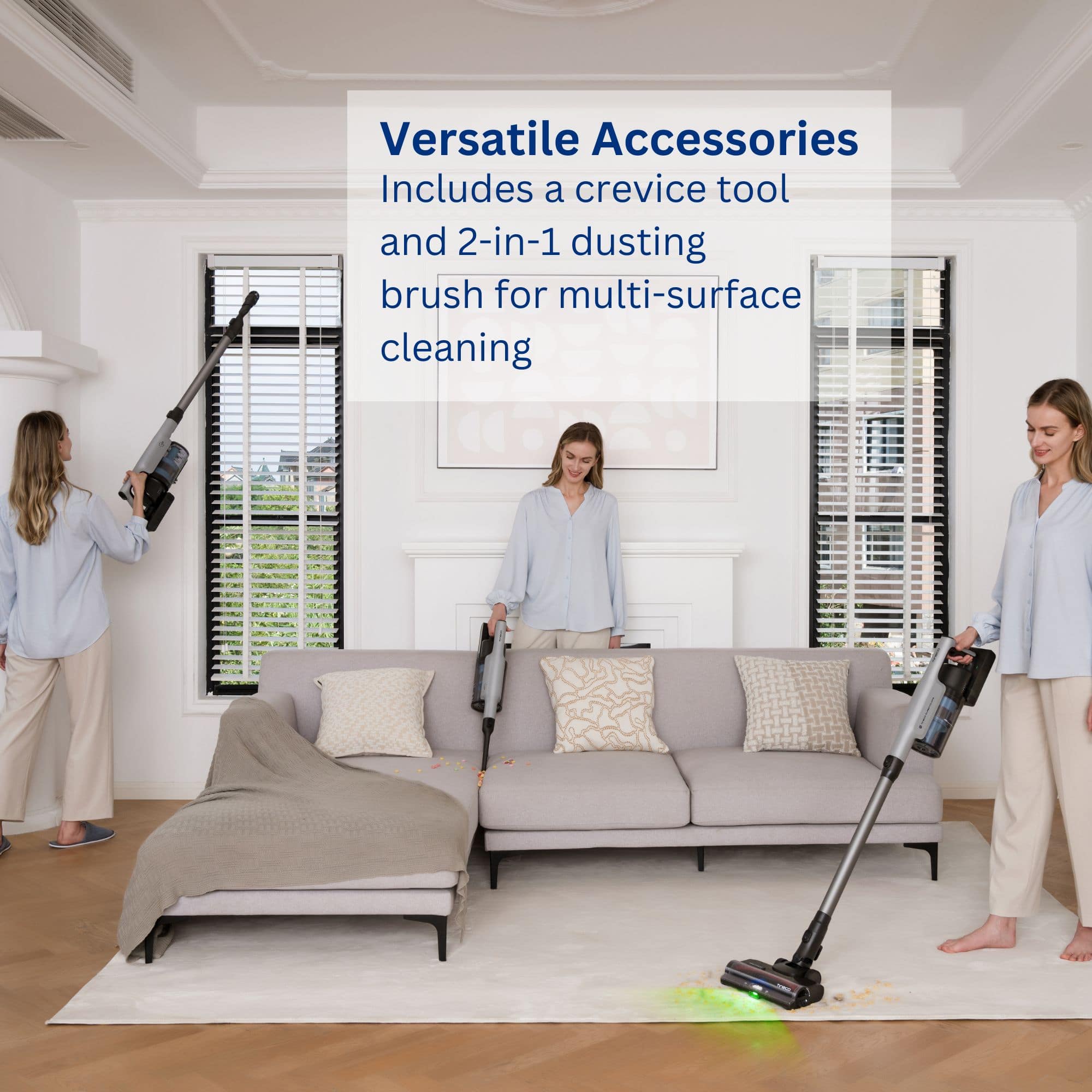 Versatile Accessories: Includes a crevice tool and 2-in-1 dusting brush for multi-surface cleaning.