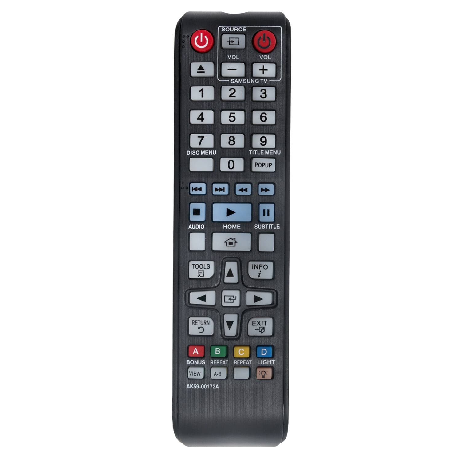 SOURCE 1 VOL VOL I + SAMSUNG TV 2 3 4 5 6 7 DISC MENU 8 0 9 TITLE MENU POPUP | D AUDIO HOME SUBTITLE TOOLS INFO i RETURN  EXIT -  A  C D BONUS REPEAT REPEAT LIGHT VIEW A-B AK59-00172A