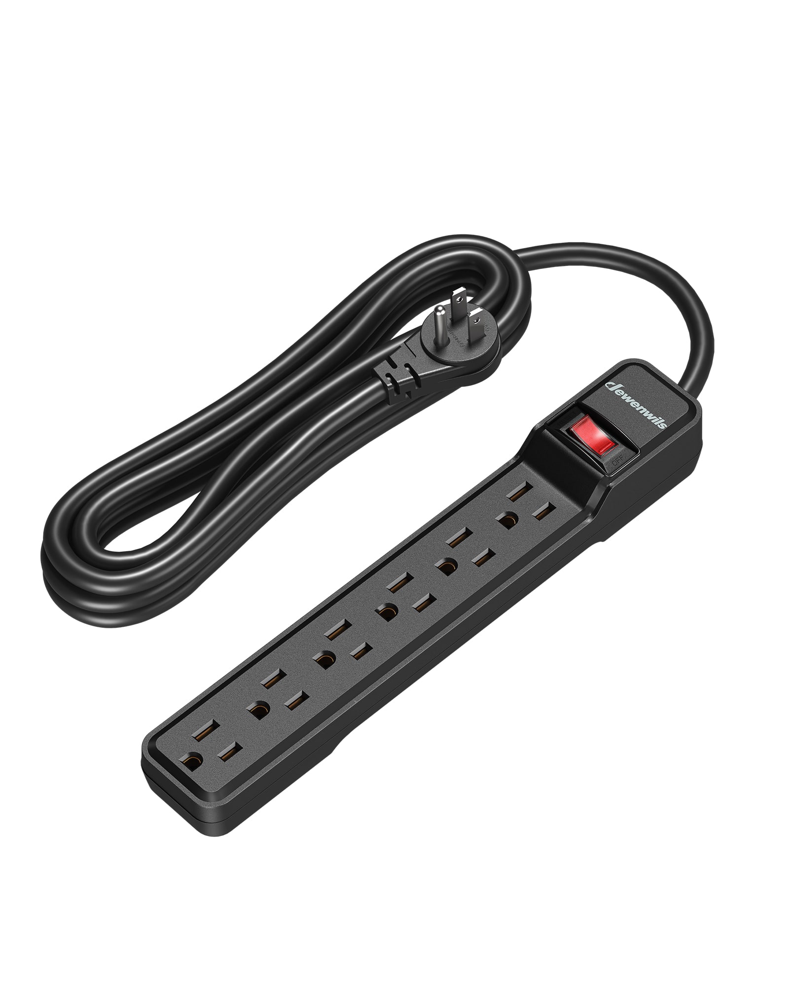DEWENWILS - 6-Outlet Power Strip Surge Protector, 15FT Long Extension Cord, Low Profile Flat Plug, 15 Amp Circuit Breaker - Black