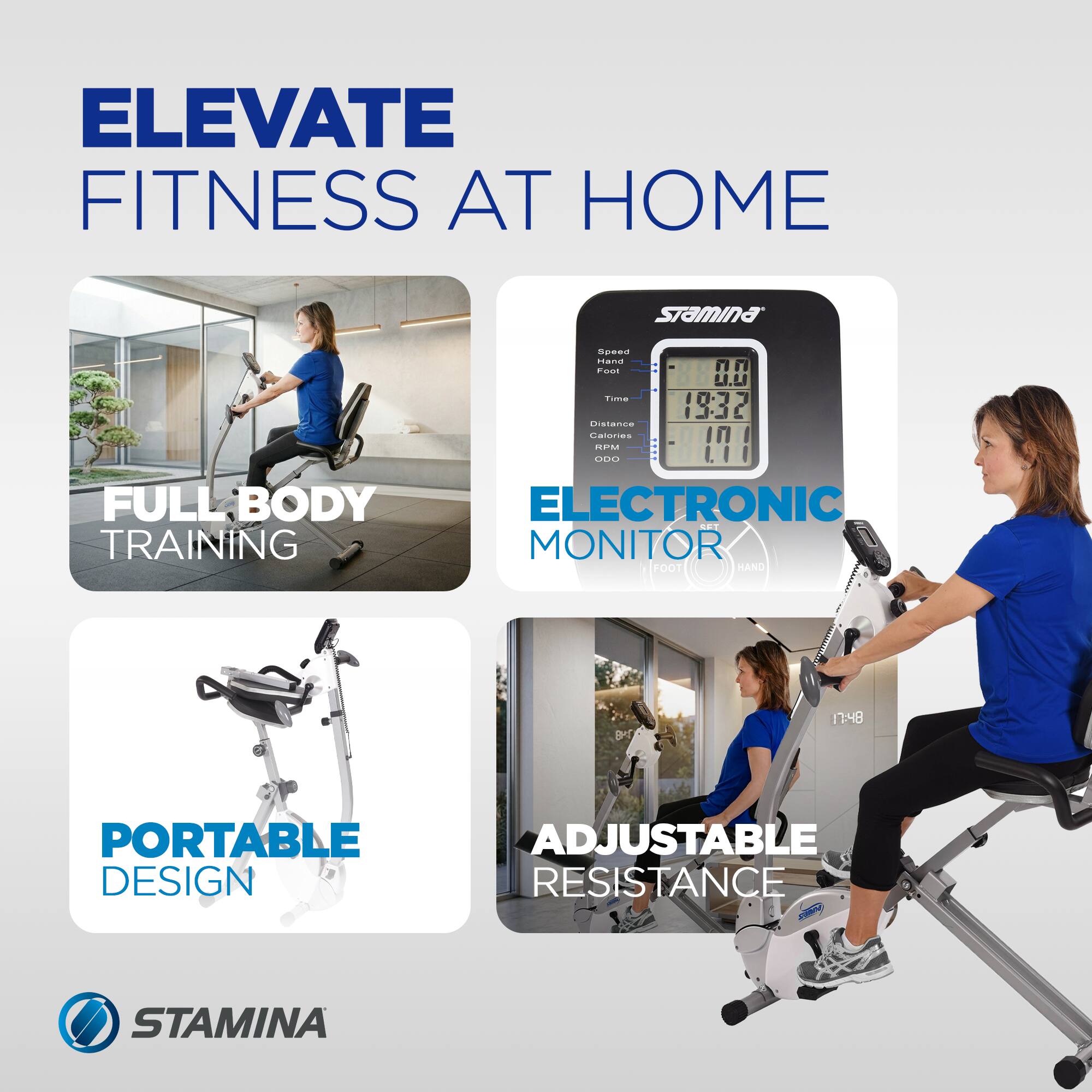 ELEVATE FITNESS AT HOME

- FULL BODY TRAINING
- ELECTRONIC MONITOR
- PORTABLE DESIGN
- ADJUSTABLE RESISTANCE

STAMINA