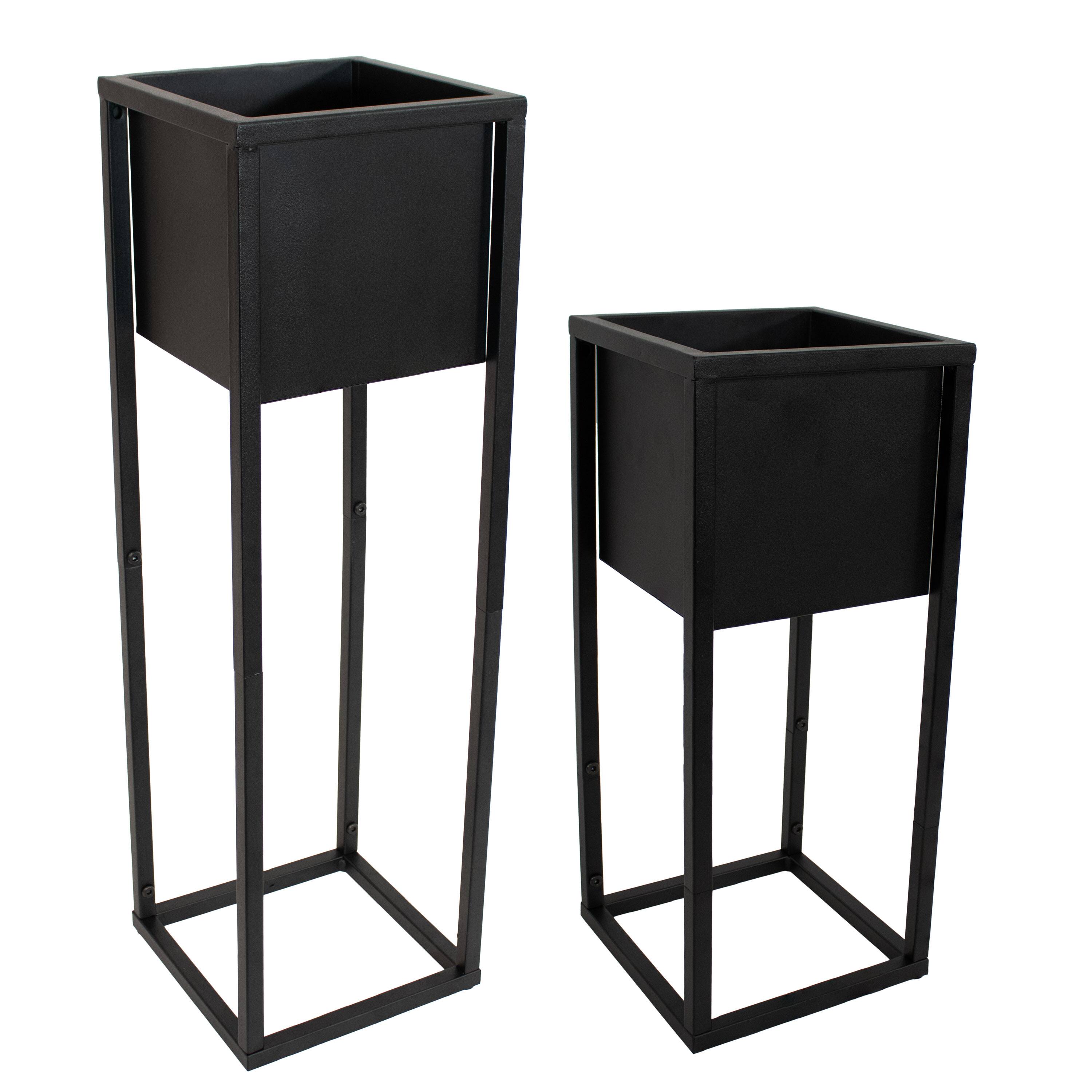 Front. Sunnydaze - Modern Simplicity Square Planters - 19.75" H and 27" H - Black.