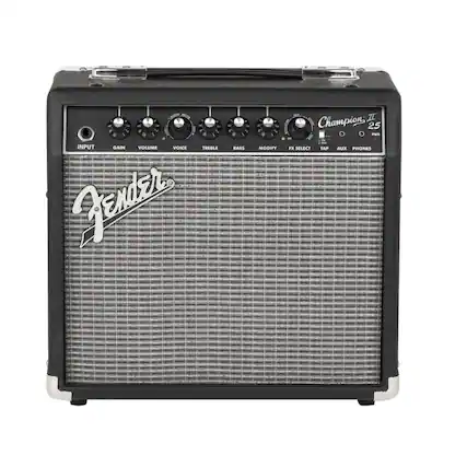 - INPUT
- GAIN
- VOLUME
- VOICE
- TREBLE
- BASS
- MODIFY
- FX SELECT
- TAP
- AUX
- PHONES
- Champion II 25
- Fender