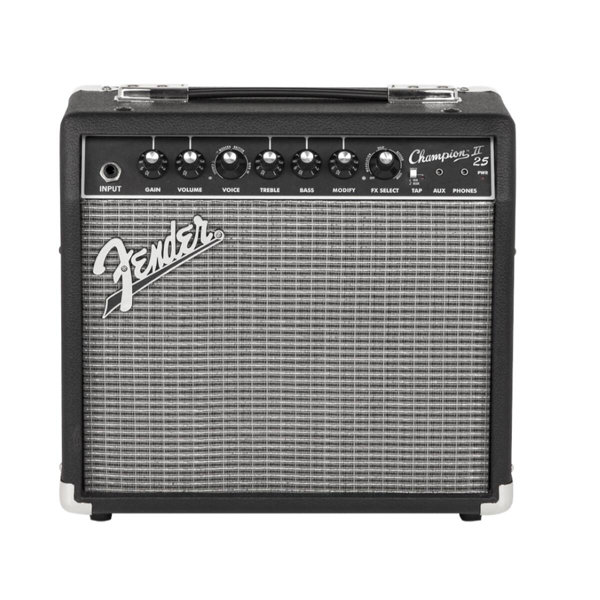 - INPUT
- GAIN
- VOLUME
- VOICE
- TREBLE
- BASS
- MODIFY
- FX SELECT
- TAP
- AUX
- PHONES

- Champion II 25

- Fender