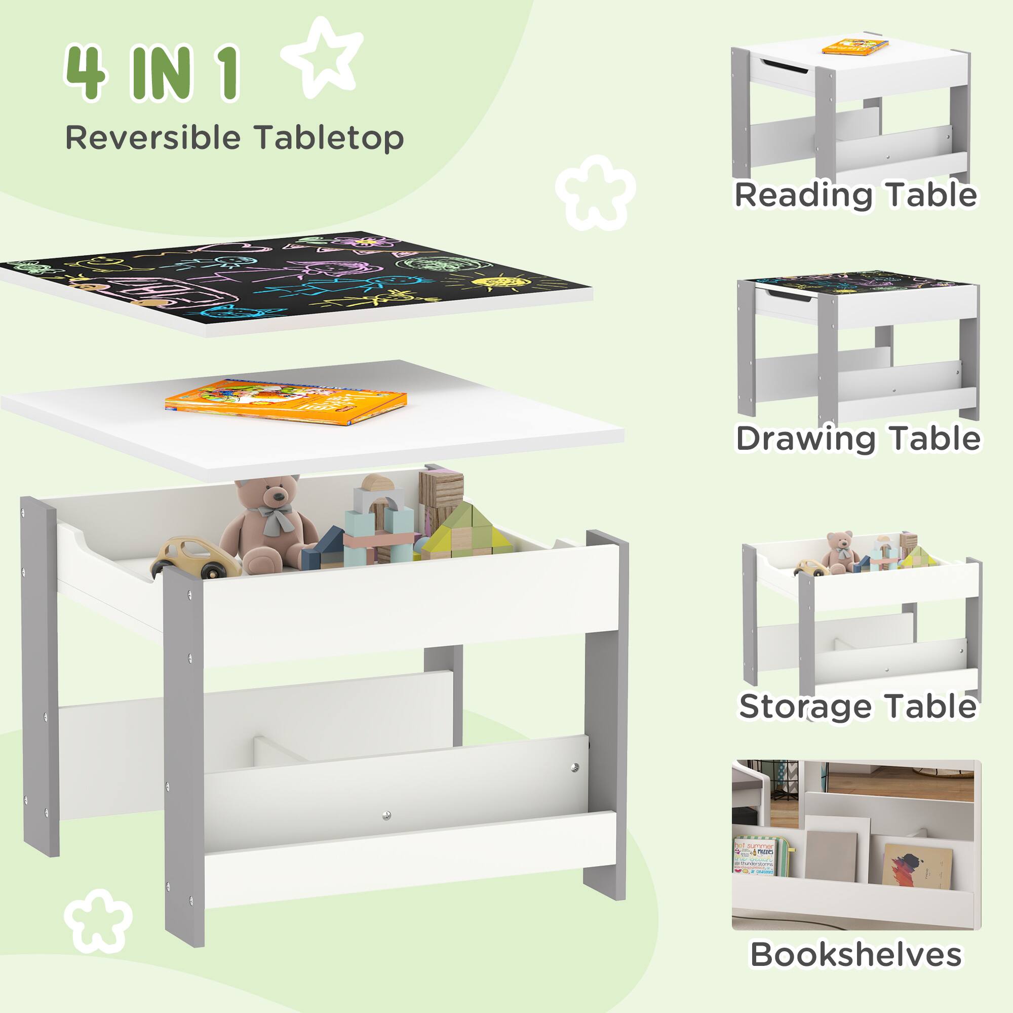 4 IN 1  
Reversible Tabletop

Reading Table

Drawing Table

Storage Table

Bookshelves