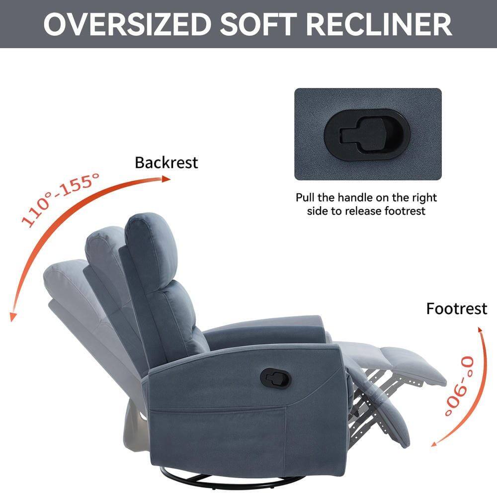 **OVERSIZED SOFT RECLINER**

- **Backrest**: 110°-155°
- **Footrest**: 0°-90°

**Instructions**:
- Pull the handle on the right side to release footrest.