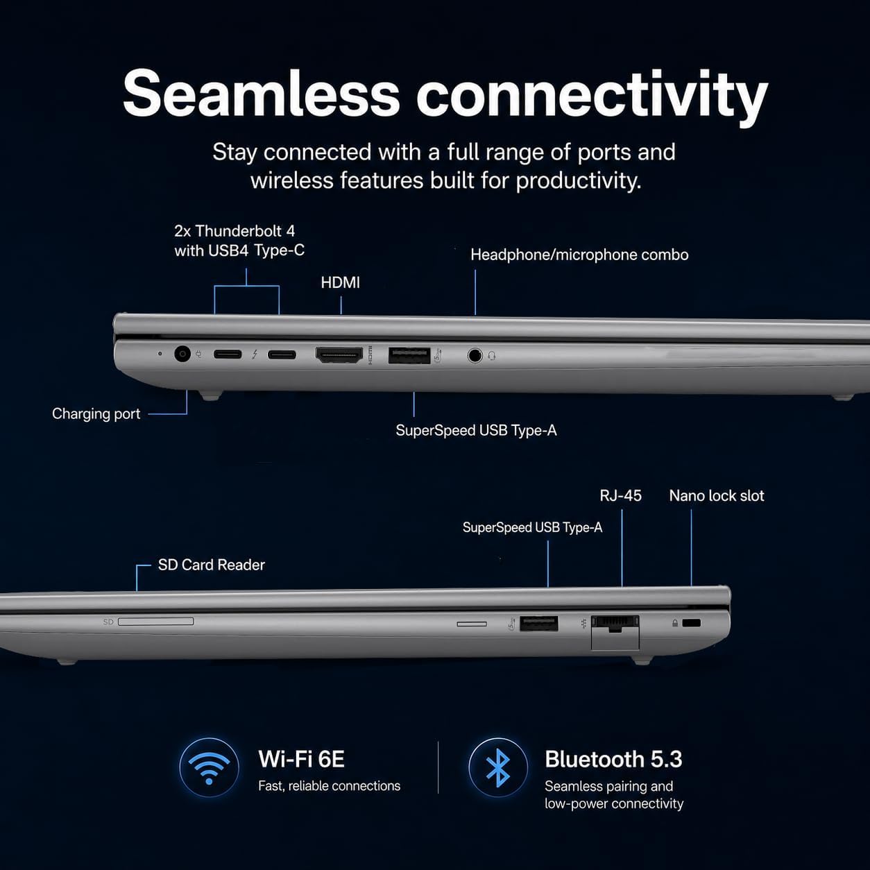 Seamless connectivity  
Stay connected with a full range of ports and wireless features built for productivity.

- 2x Thunderbolt 4 with USB4 Type-C
- HDMI
- Headphone/microphone combo
- Charging port
- SuperSpeed USB Type-A
- RJ-45
- Nano lock slot
- SuperSpeed USB Type-A
- SD Card Reader
- SD
- Wi-Fi 6E (Fast, reliable connections)
- Bluetooth 5.3 (Seamless pairing and low-power connectivity)