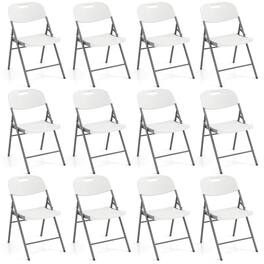 Costway - Folding Chairs Set of 12 HDPE Plastic Chairs with Metal Frame for Home Office - White
