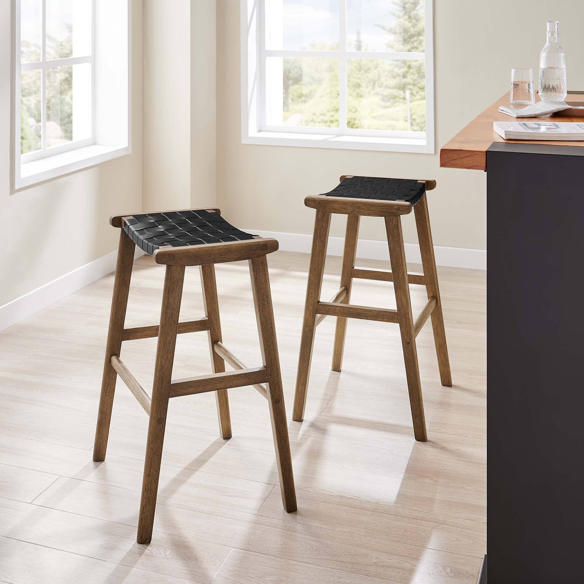 Alt View 2. Modway - Saoirse Leather Wood Bar Stool Set of 2 by Modway - Walnut Black.