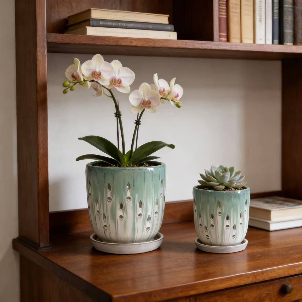 Angle. Loheer - Ceramic Planter Set Loheer Handmade Green White Pots with Drainage Saucers for Orchids Succulents Indoor Outdoor.