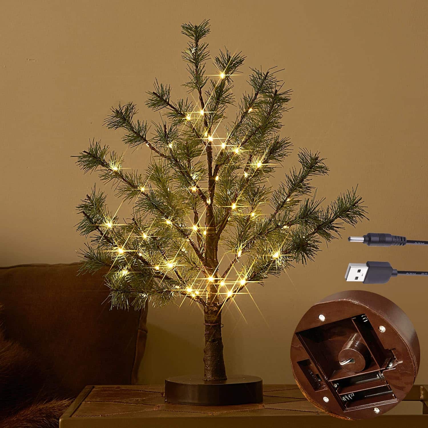 RTMB - 18" LED Pine Tabletop Christmas Tree with Timer, Battery or USB Powered - Green Pine 60l