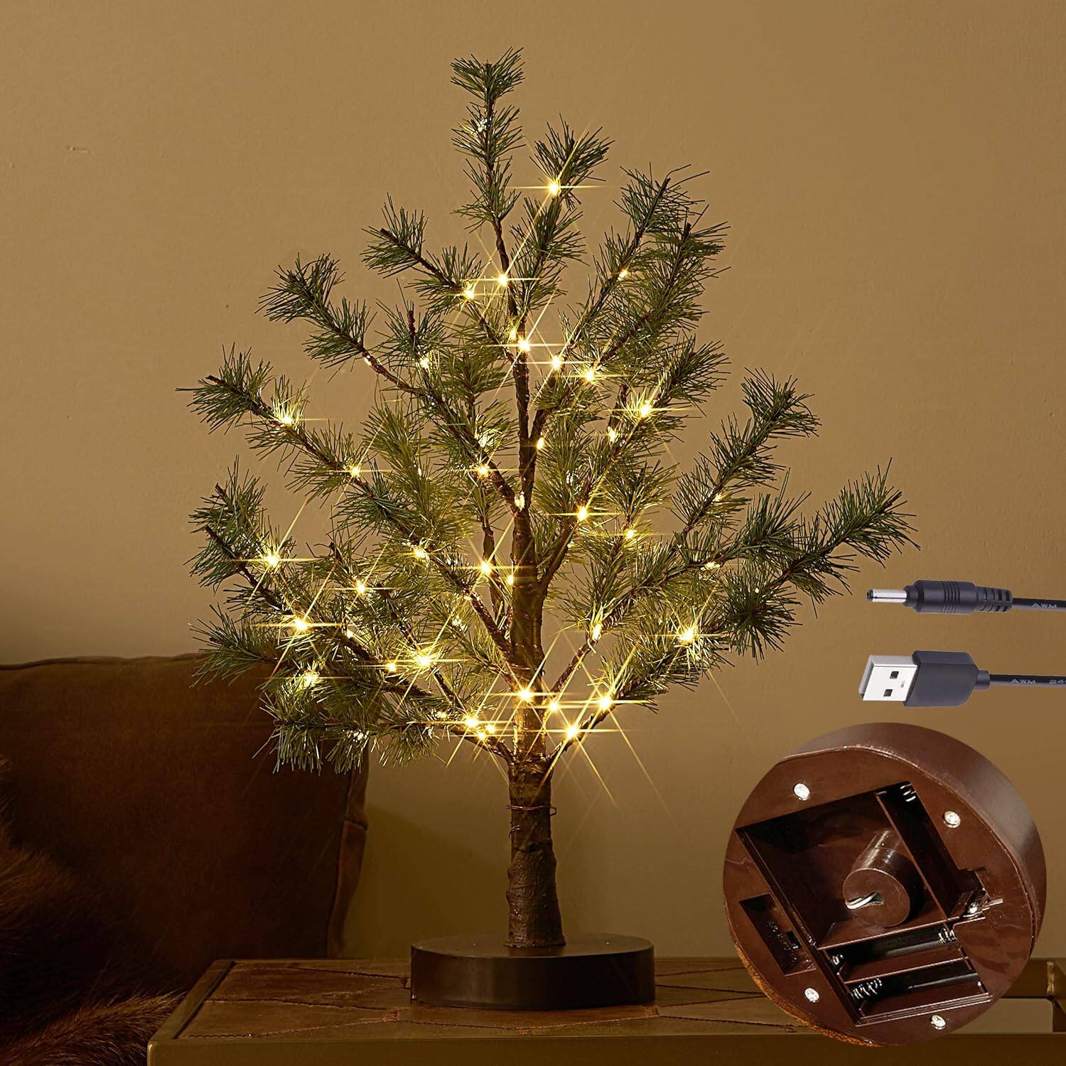 Front. RTMB - 18" LED Pine Tabletop Christmas Tree with Timer, Battery or USB Powered - Green Pine 60l.