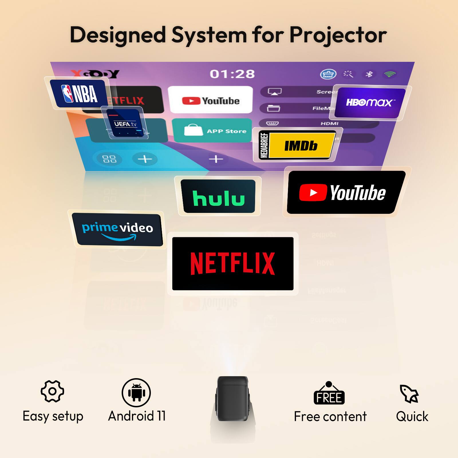 Designed System for Projector

- NBA
- Netflix
- YouTube
- UEFA.tv
- App Store
- IMDb
- Hulu
- Prime Video
- HBO Max
- YouTube
- Netflix

Features:
- Easy setup
- Android 11
- Free content
- Quick

Additional Icons:
- Screen
- File Manager
- HDMI
