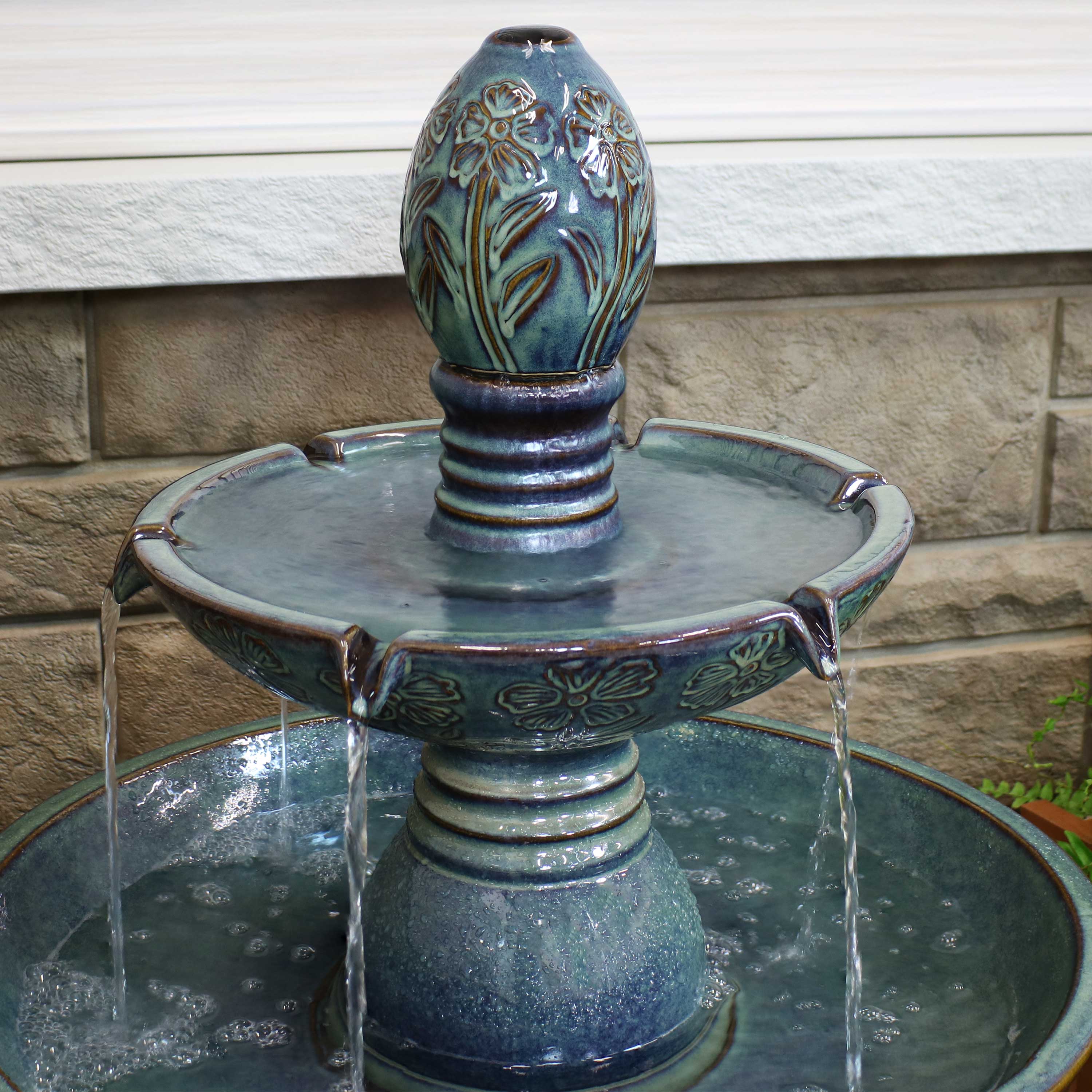Alt View 4. Sunnydaze - Double Tier Ceramic Outdoor 2-Tier Water Fountain with Lights - Green.