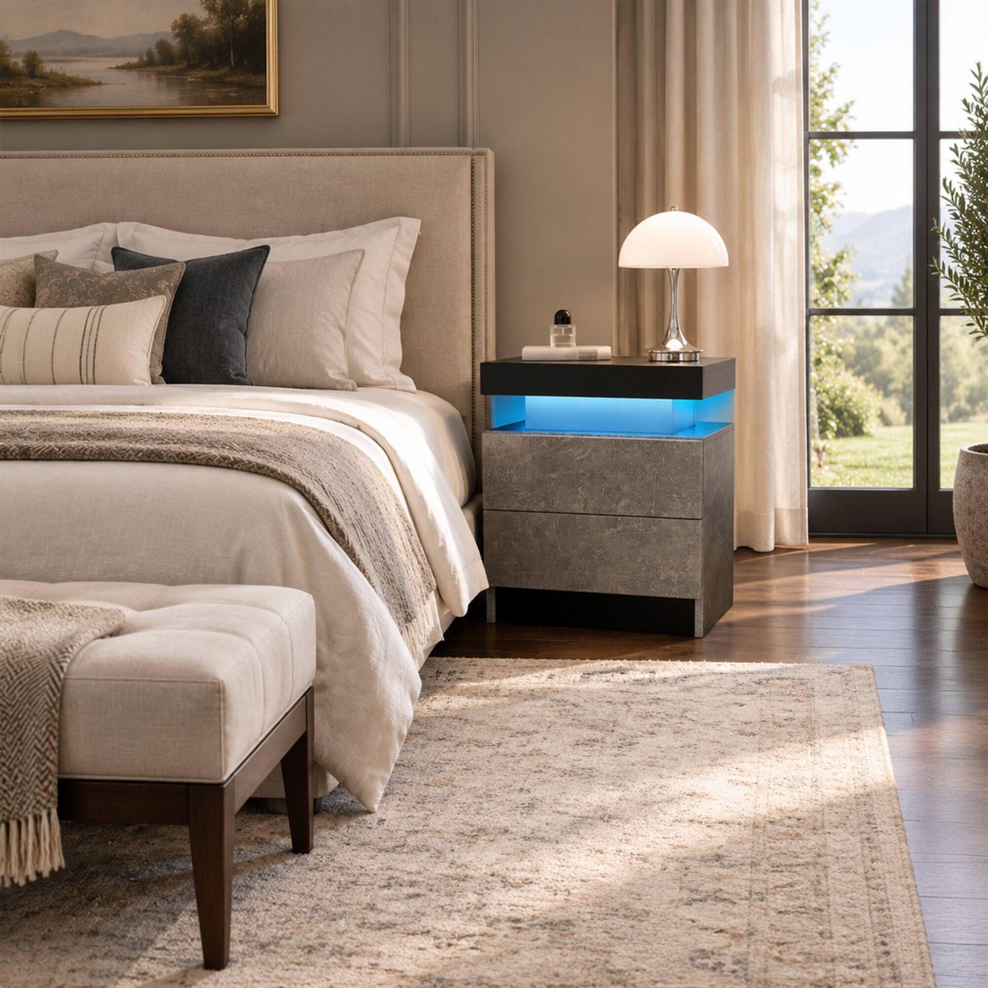 Angle. RYHNUYNE - LED Nightstand with 2 Drawers, Black and Gray Bedside Table, Modern End Side Table for Bedroom - Black+ Gray.