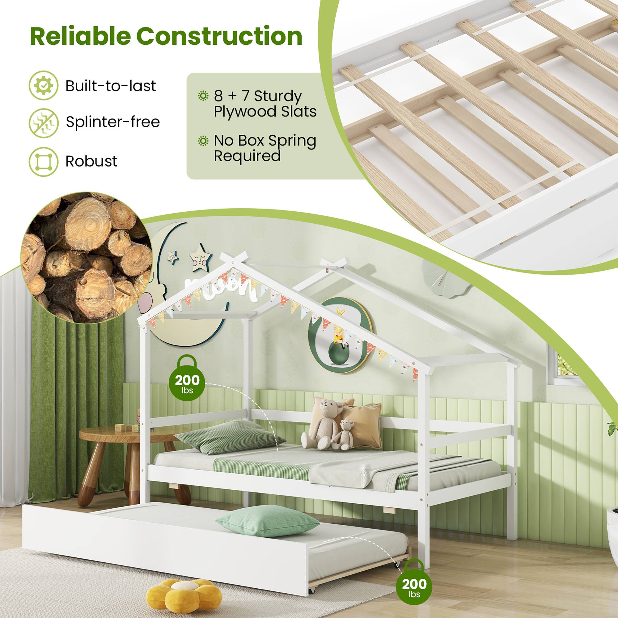 Reliable Construction
Built-to-last
Splinter-free
Robust
8 + 7 Sturdy Plywood Slats
No Box Spring Required
200 lbs
200 lbs
