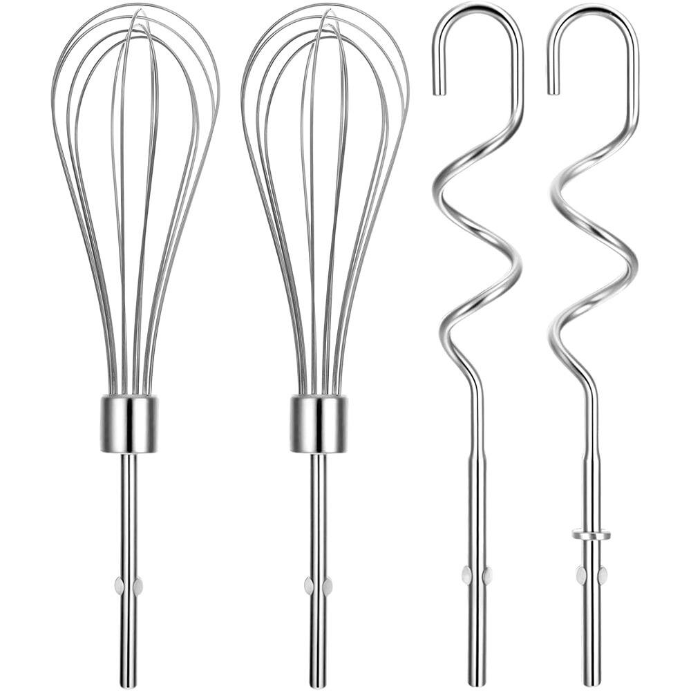 Front. RTMB - Set of 4 Hand Mixer Attachments – Stainless Steel Beaters & Dough Hooks - Silver.