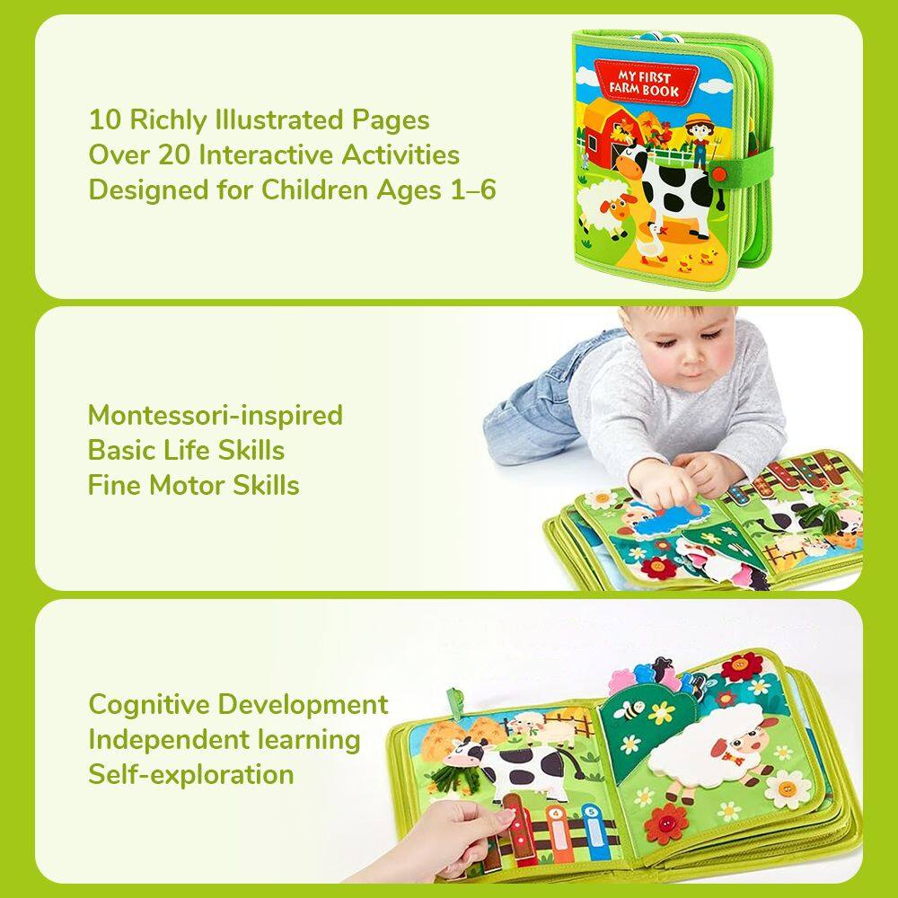 10 Richly Illustrated Pages  
Over 20 Interactive Activities  
Designed for Children Ages 1-6  

MY FIRST FARM BOOK  

Montessori-inspired  
Basic Life Skills  
Fine Motor Skills  

Cognitive Development  
Independent learning  
Self-exploration