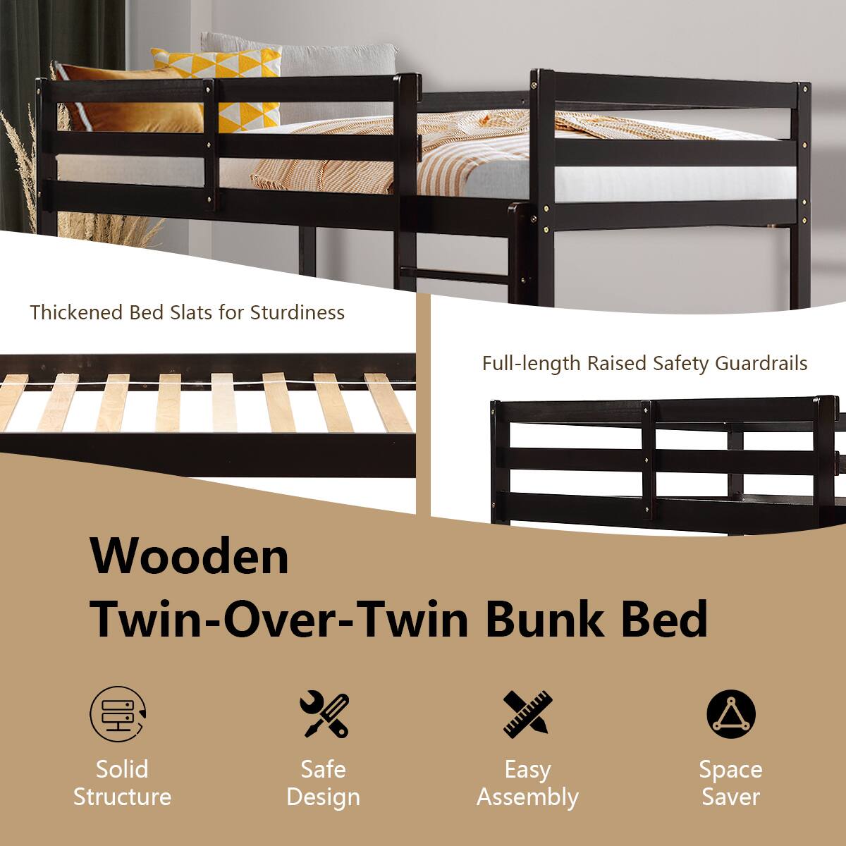Wooden Twin-Over-Twin Bunk Bed, Thickened Bed Slats for Sturdiness, Full-length Raised Safety Guardrails, Solid Structure, Safe Design, Easy Assembly, Space Saver