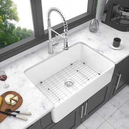 Front. JUJABU - 30 x 20 x 10 inch White Ceramic Kitchen Sink Apron-front Reversible Single Bowl - White.