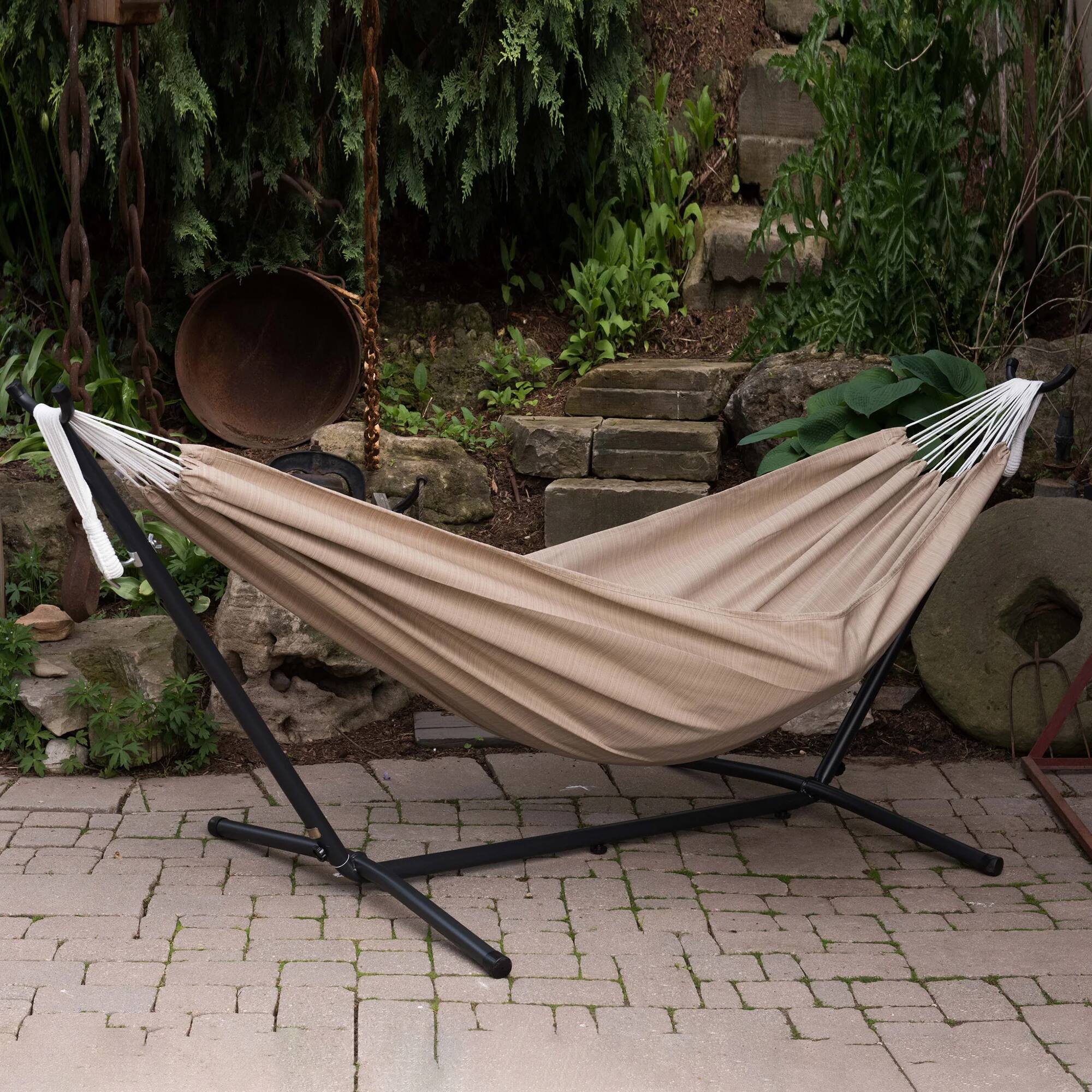 Alt View 4. Vivere - Vivere Double Sunbrella Hammock with Steel Stand, Portable Outdoor Lounge, Sand - Sand.