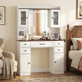 Pefilos - 41.5 Inch Makeup Dressing Table with Power Outlets, 3 Color Lighting Modes & Hair Dryer Rack, Walnut - White