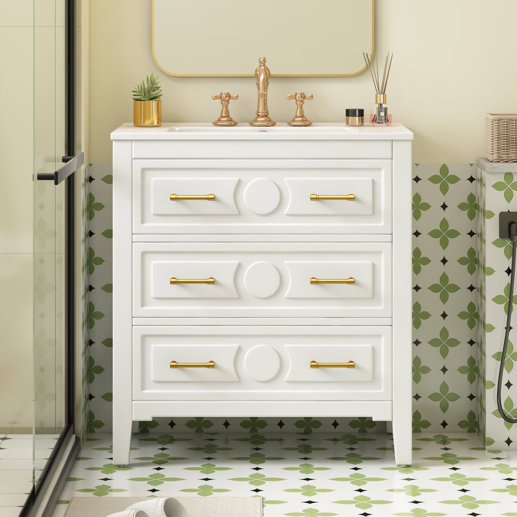 Alt View 1. Boyel Living - 30 Inch Retro Bathroom Vanity with Ceramic Sink and Three Drawers White - White.
