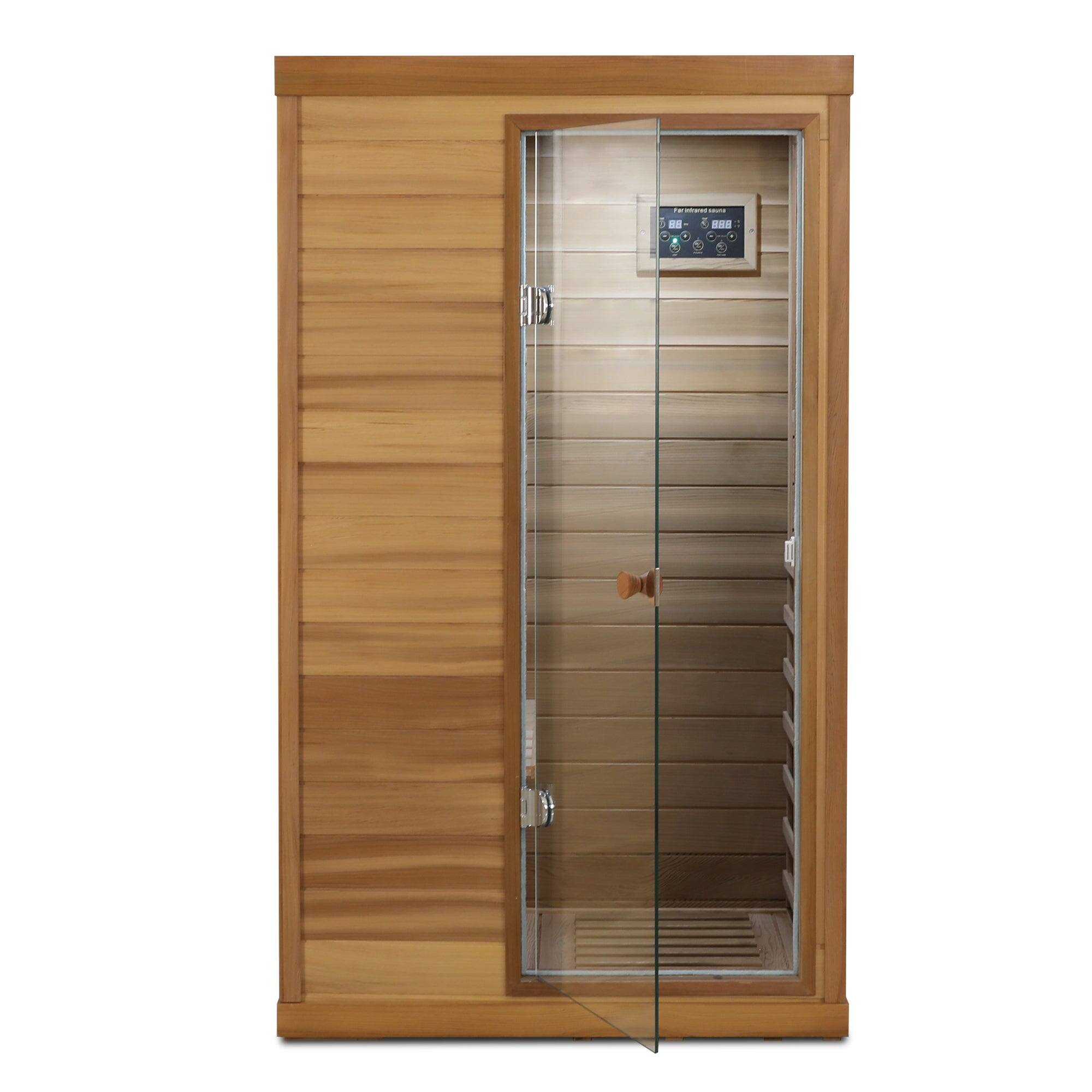 Alt View 5. Boyel Living - Red Cedar Mini 1-Person Far Infrared Sauna with Glass Door (Right) and Bluetooth Audio - Natural Wood+Caramel.