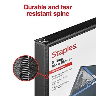 Durable and tear resistant spine

Staples 3-Ring Binder View Duty Standard

The perfect binder for your everyday needs. Easy to open and close. Tabs flat and 2 inches wide. D-Rings keep pages flat and fits more.