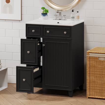 Front. Whisen - 24-Inch Bathroom Vanity with Ceramic Sink,Compact Storage Cabinet with 2 Drawers and 1 Door-Black - Black.