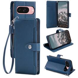 Dteck - Wallet Case for Google Pixel 10 /10 Pro Crossbody Premium Leather Flip Kickstand Zipper Card Slot Cover With Strap - Darkblue