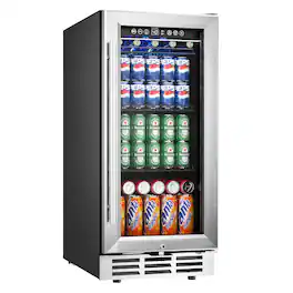 SIMZLIFE - 130 Can Beverage Cooler - 15 Inch Under Counter Built-in Fridge, Glass Door Design for Soda/Water/Wine, Perfect for Kitc - Silver