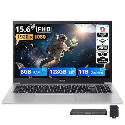 15.6" FHD 1920 x 1080 Copilot Key WiFi 5 720p Webcam 8GB RAM 128GB SSD 1TB Docking