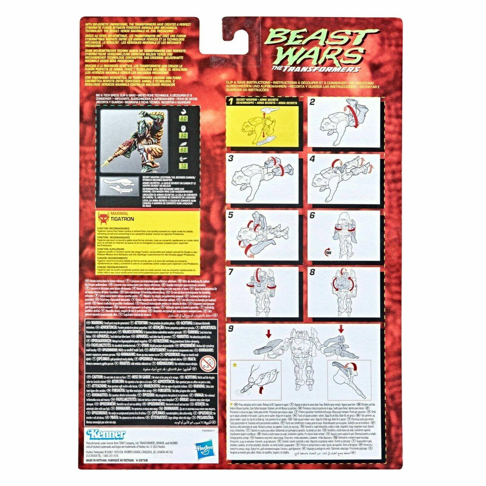 Sure, here is the corrected and grouped text from the image:

---

**BEAST WARS THE TRANSFORMERS**

**INSTRUCTIONS - INSTRUCTIONS - INSTRUCCIONS - INSTRUCTIONS - INSTRUCTIONS - INSTRUCTIONS**

**1.** Clip & Save the instructions for future reference.

**2.** Remove all parts from the blister pack.

**3.** Follow the steps below to assemble your figure.

**4.** For best results, use a small screwdriver or similar tool to help with assembly.

**5.** Do not force any parts together. If they do not fit, check the instructions again.

**6.** Do not use any tools that could damage the parts.

**7.** Do not use any tools that could damage the parts.

**8.** Do not use any tools that could damage the parts.

**9.** Do not use any tools that could damage the parts.

**TIGATRON**

**DANGER!** Small parts. Not for children under 3 years.

**WARNING:** Choking hazard. Small parts. Not for children under 3 years.

**CAUTION:** This product contains small parts. Keep out of reach of children.

**MADE IN VIETNAM - FABRIQUE