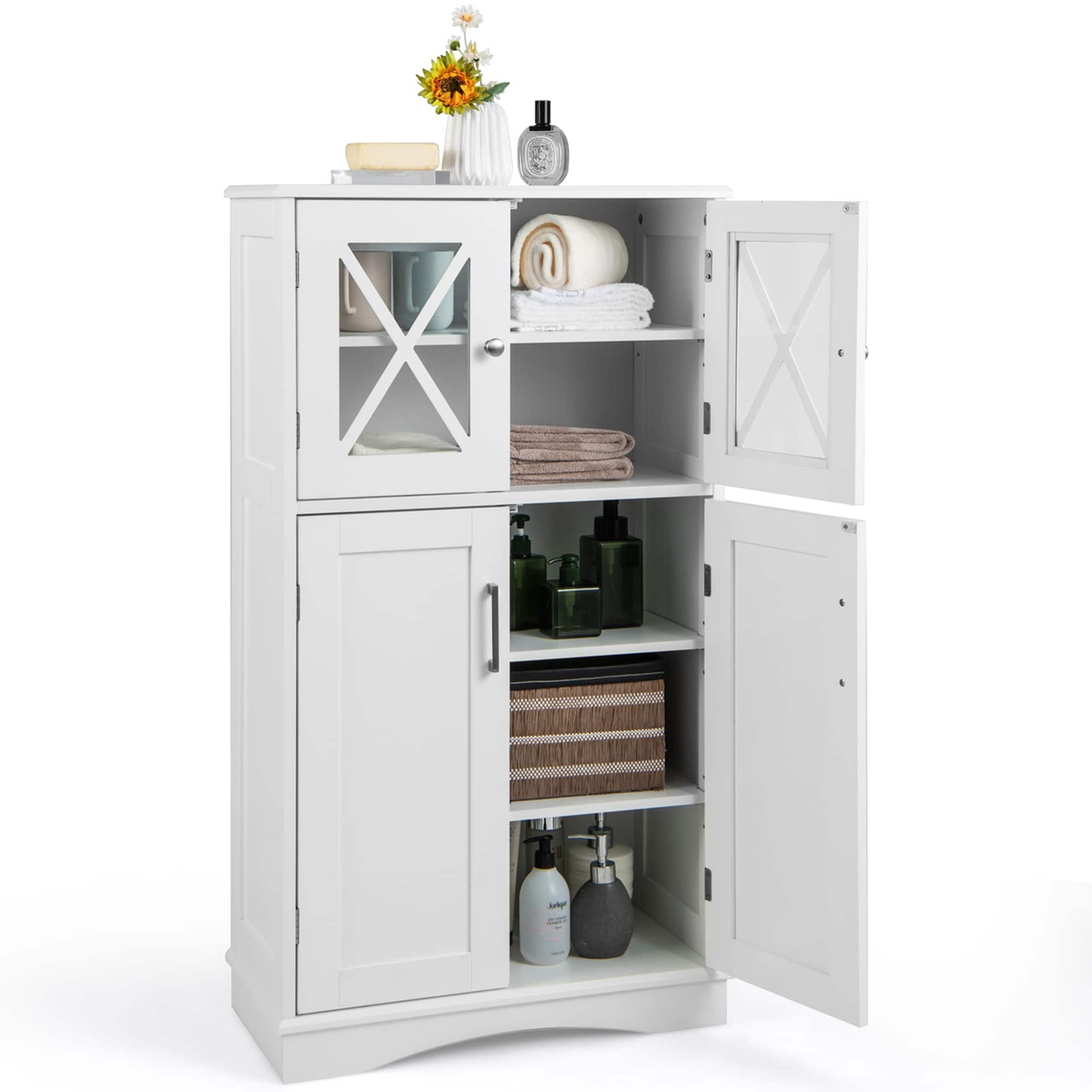 Costway - Bathroom Storage Cabinet Linen Storage Cabinet with Doors and Adjustable Shelves - White