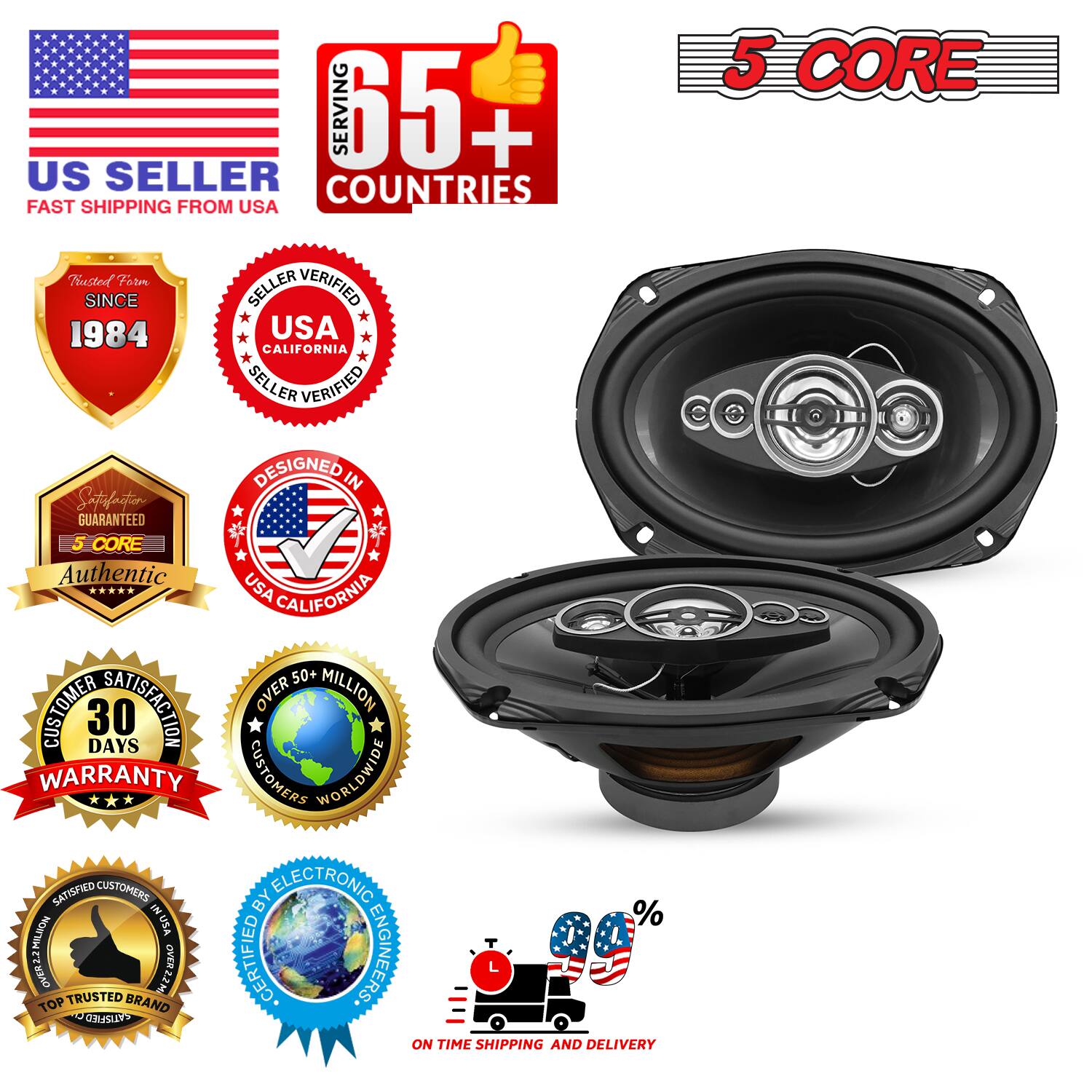 SERVING 65+ COUNTRIES  
US SELLER  
FAST SHIPPING FROM USA  

PIESED FOB  
VERIFIED SINCE 1984  
USA CALIFORNIA  
SELLER VERIFIED  
DESIGNED IN USA  
GUARANTEED  
5 CORE  
Authentic  

30 DAYS WARRANTY  
OVER 50+ MILLION CUSTOMERS WORLDWIDE  
SATISFIED CUSTOMERS  
CERTIFIED BY ELECTRONIC ENGINEERS  
TOP TRUSTED BRAND  
ON TIME SHIPPING AND DELIVERY
