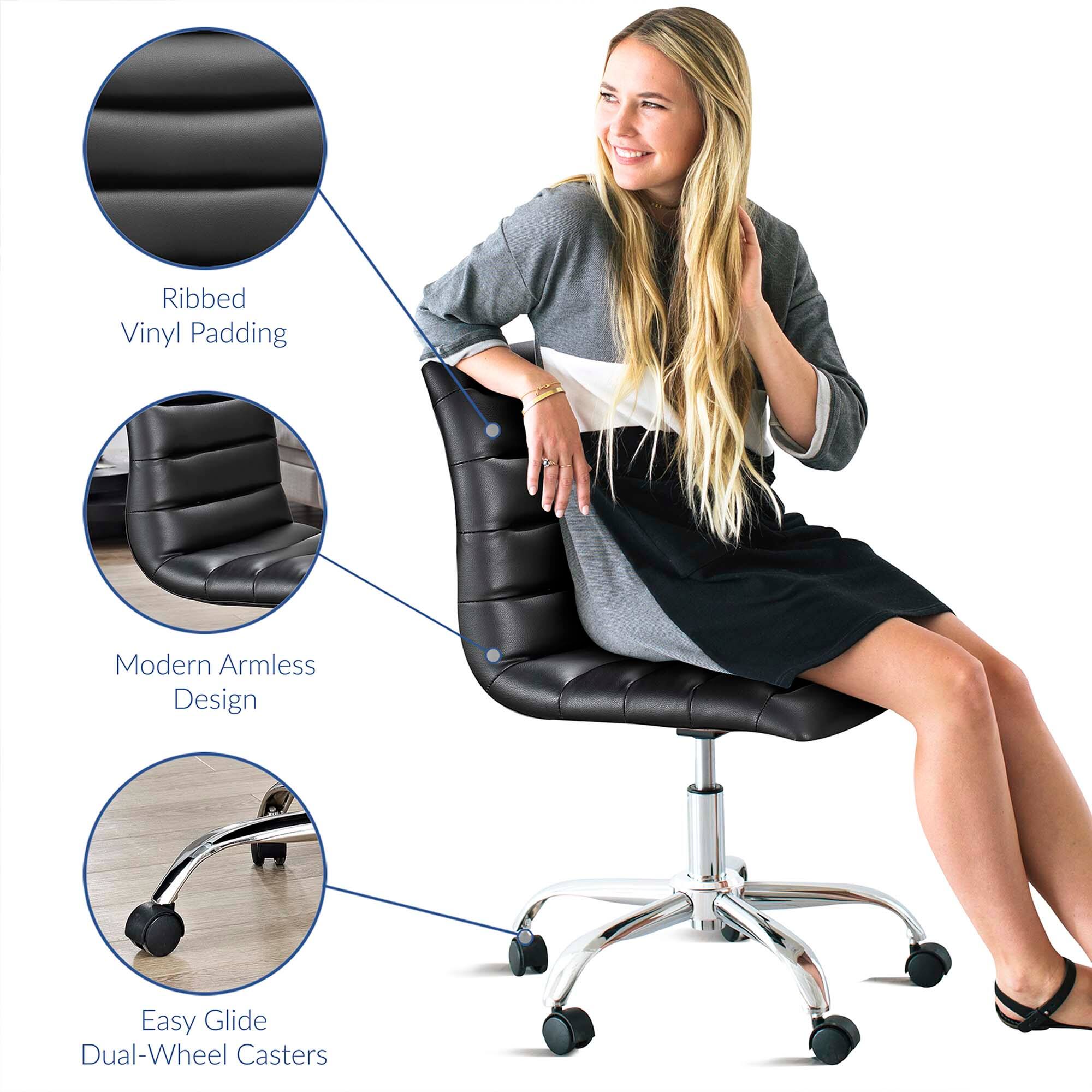 - Ribbed Vinyl Padding
- Modern Armless Design
- Easy Glide Dual-Wheel Casters