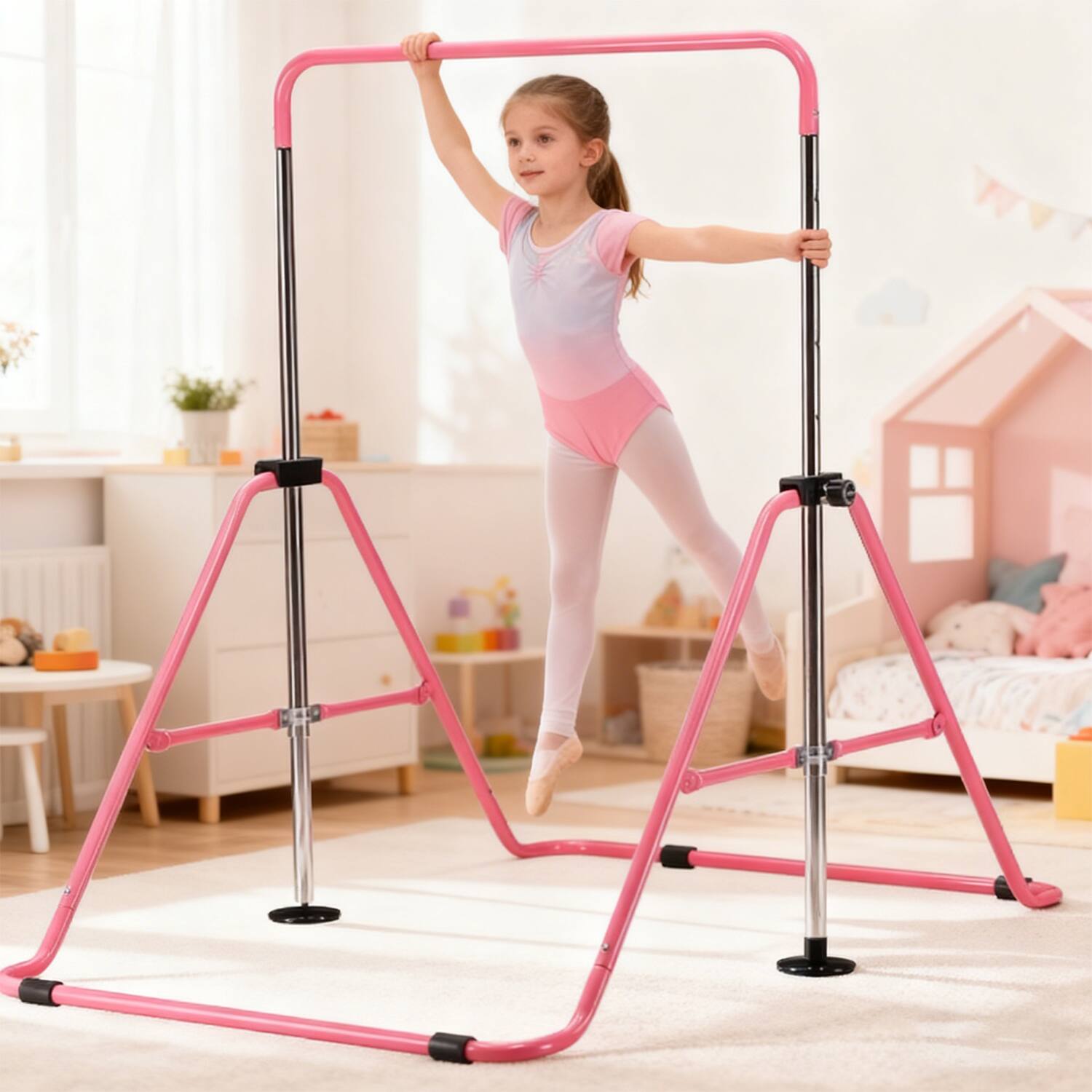 Angle. Ainfox - Ainfox Gymnastics Bar Foldable Horizontal Bar Adjustable Height,Training Bar with Optional Mat - Pink-without Mat.
