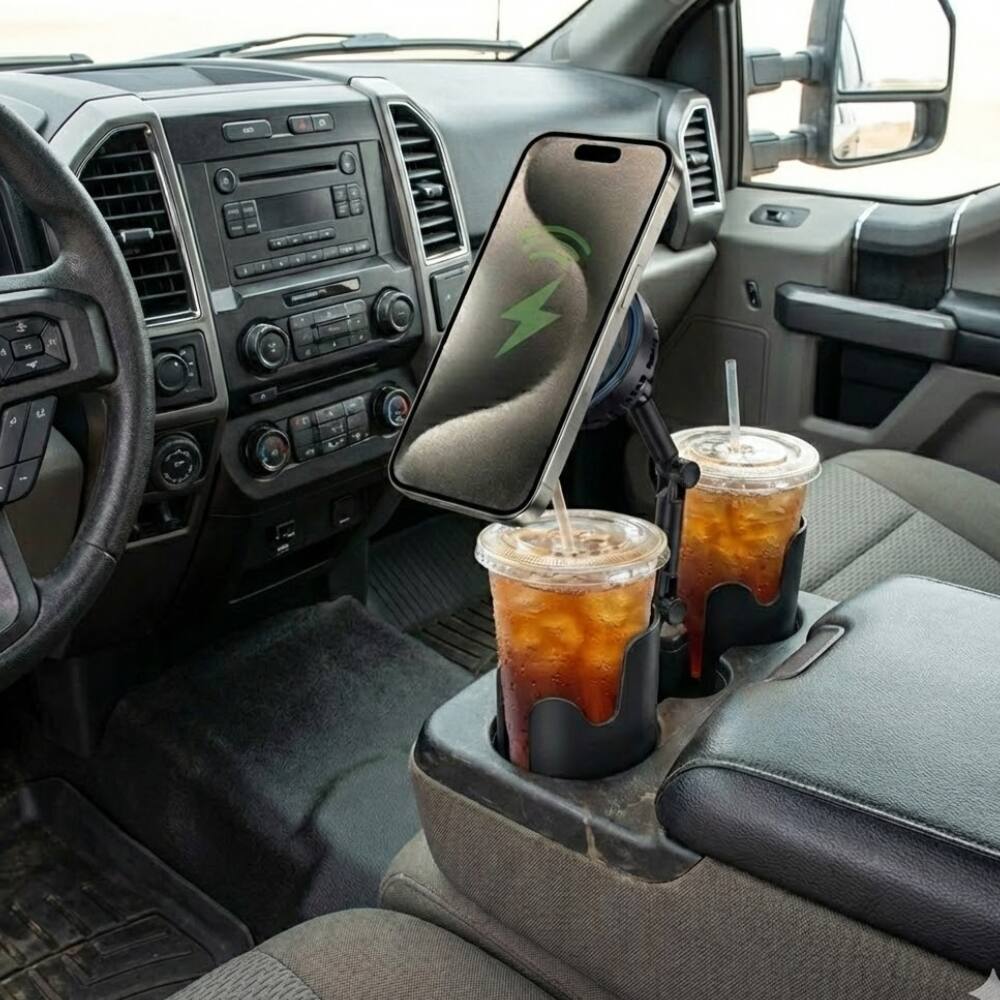 Left. Esoulk - 25W Qi 2.2 Cooling Magnetic Wireless Car Charger For Car Cup Holder Compatible with iPhone 17 Pro Max - Black.